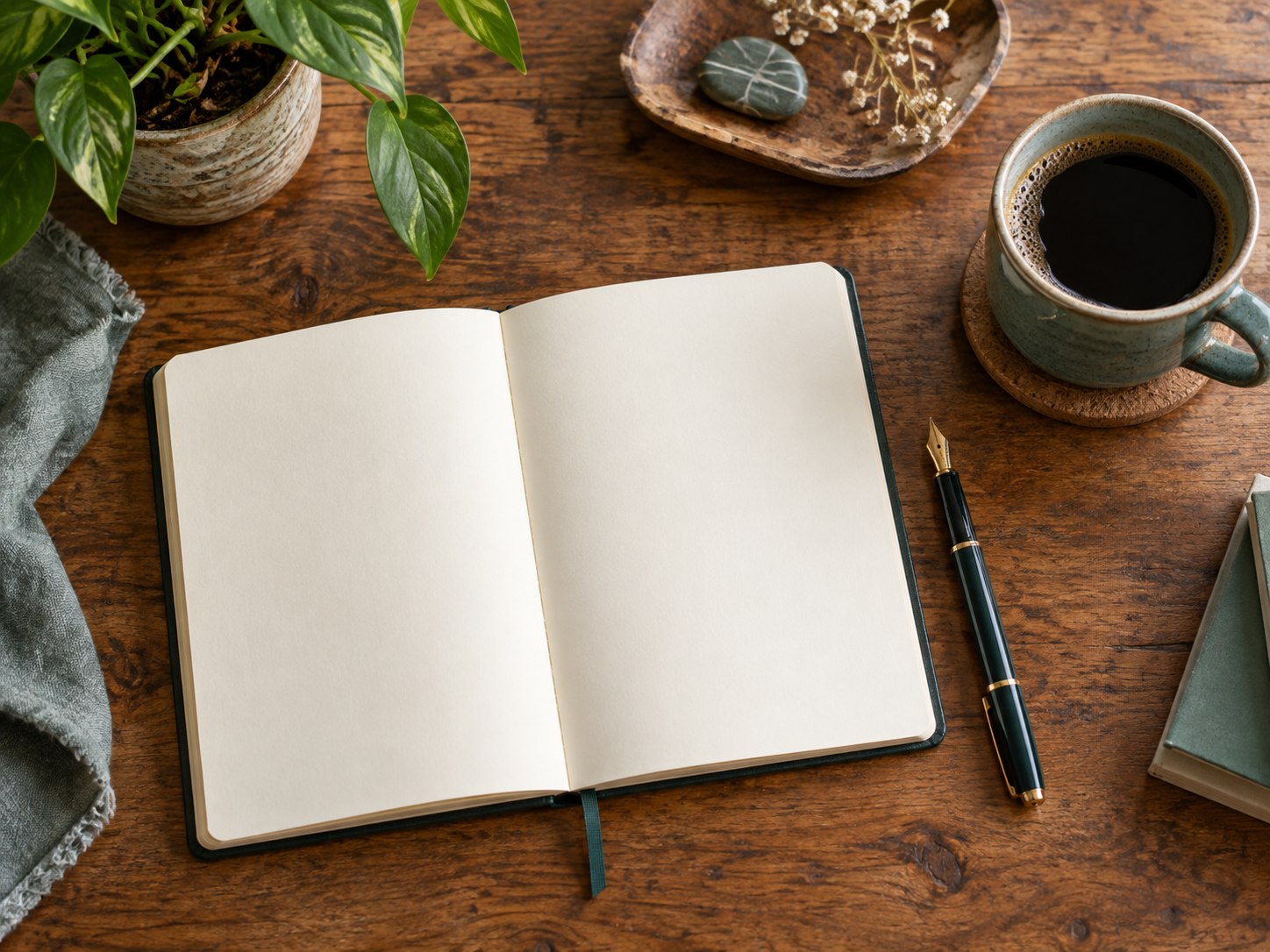 Notebook, coffee, and plant